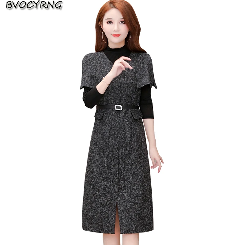 Женское платье из 2 частей осенне-зимнее облегающее с полувысоким воротником +