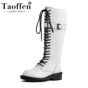 

Taoffen Genuine Leather Round Toe Women Knee High Boots Zipper Winter Warm Long Boots Daily Work Footwear Size 34-39