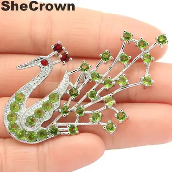 

58x33mm Hot Sell Peacock Created Green Peridot Ruby CZ Gift Silver Brooch