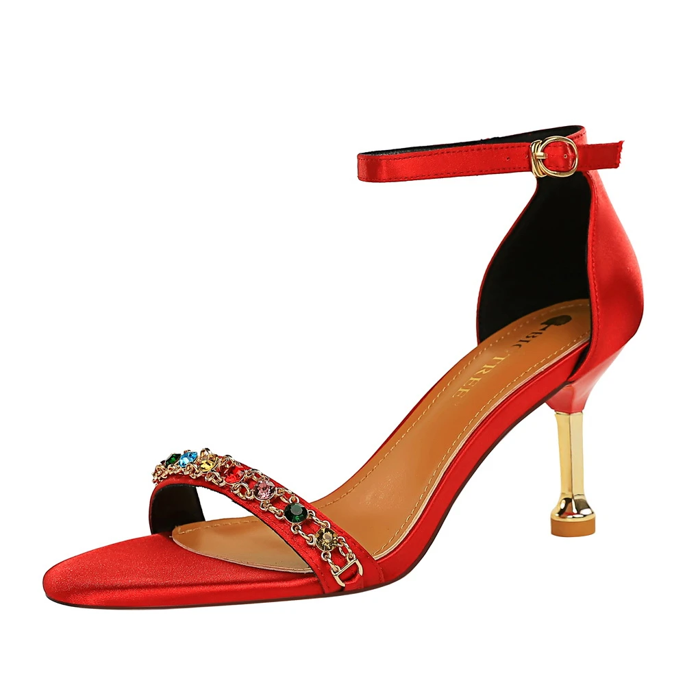 Zapatos de vestir de fiesta mujer, sandalias rojas de tacón fino, zapatos de baile de lujo sexys, altos de 7cm, zapatos de boda con punta abierta de cristal para novia|Sandalias