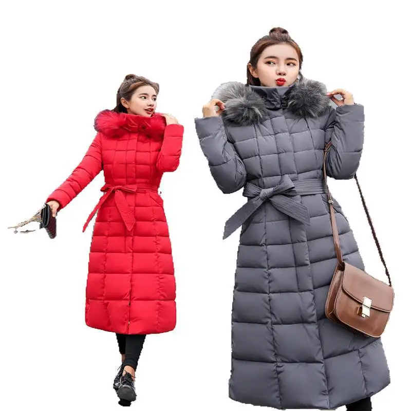 

Winter Hot Selling Lace-up Long Cotton-padded Clothes Women's Korean-style over-the-Knee Thick Warm Hooded Solid Color Large Fur