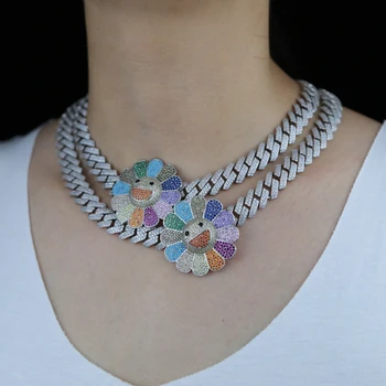 

New 12MM CZ Cuban link chain micro pave rainbow cz flower charm happy face girlfriend gift gold color hip hop women necklace