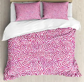 

Pink Zebra Duvet Cover Set Curved Wild Wavy Line Stripe Formless Funky Groovy Boho Tribal Culture Decorative 3 Piece Bedding Set