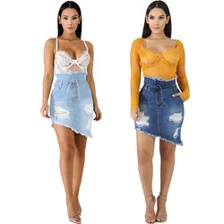 Saia jeans desgastada feminina, nova saia estilosa de verão com buraco bolso irregular, desgastado para mulheres, 2021