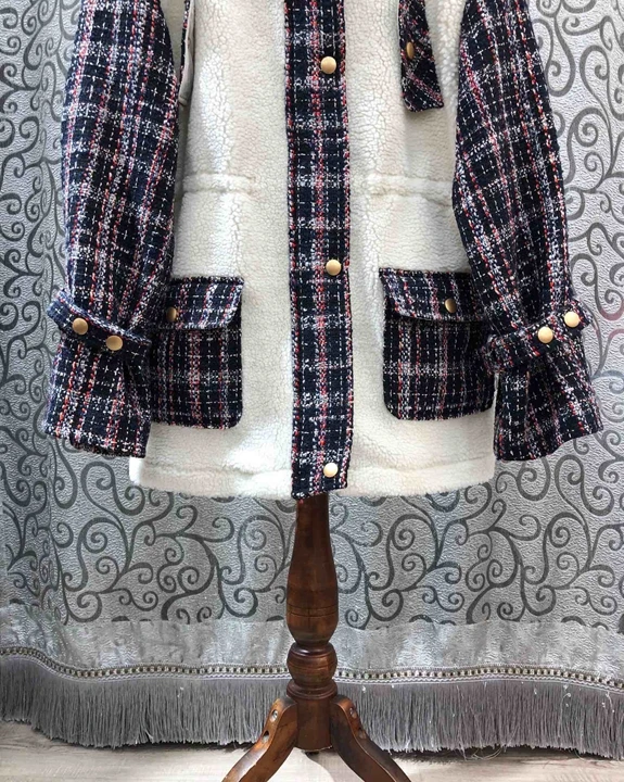 Осень и зима Новинка женское маленькое вертикальное шерстяное комбинированное клетчатое пальто с длинным рукавом универсальное короткое пальто 1104