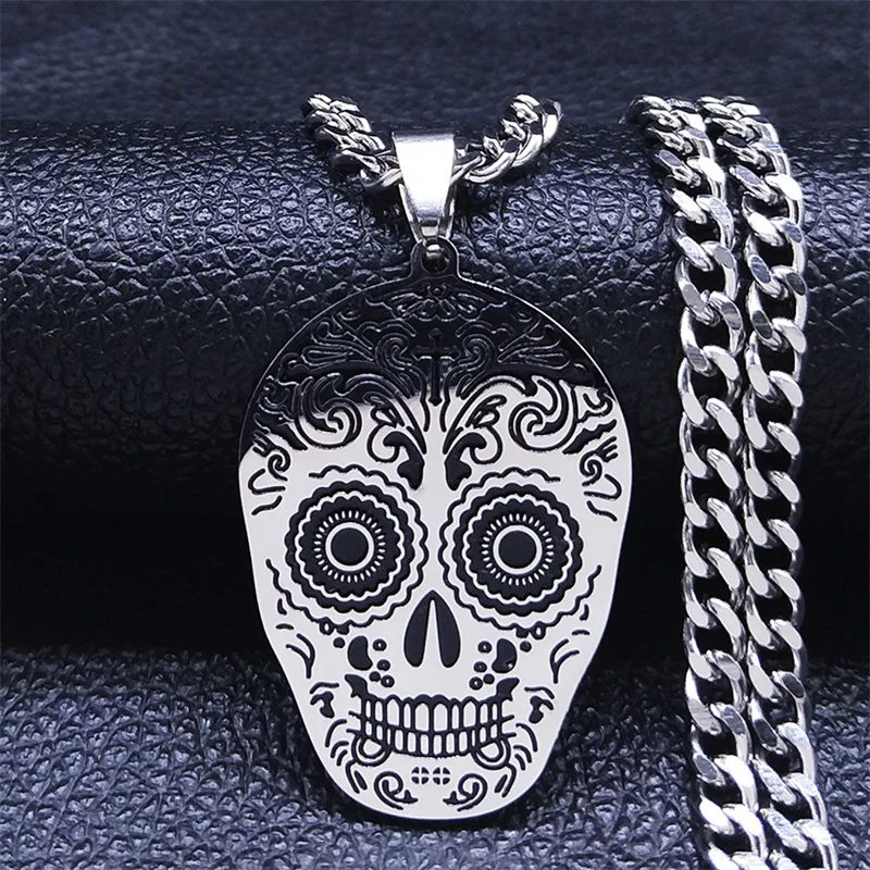 Mexican Bones Skull Stainless Steel Chian Necklace Men/Women Silver Color Statement Necklace Jewelry collier inoxydable N4008S06