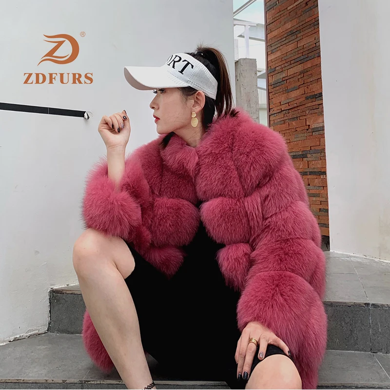 

ZDFURS New Women's High Quality 100% Real Fur Coat Natural Fox Fur Vest Leather Jacket Coat Stand Collar Long Sleeve Fur Outwear