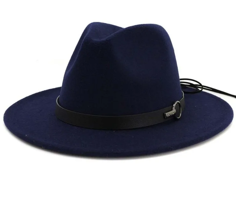 Для женщин с широкими полями шерсть фетр Джаз Fedora шляпы Панамы стиль дамы открытый повседневное Трилби шляпа игрока вечерние ковбой солнцезащитная Кепка - Цвет: Navy blue