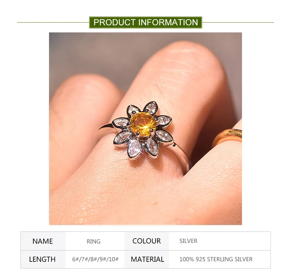 ZDADAN Ring aus 925er-Sterlingsilber, gelbe Sonnenblume, Zirkon, für Damen, modisches Glamour-Geschenk, Hochzeitsschmuck – Detail 1