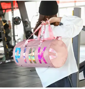 

Pink Letter Print Gym Bag Outdoor Waterproof Nylon Sports Gym Bags Men Women Training Fitness Travel Handbag Yoga Mat Sport Bag