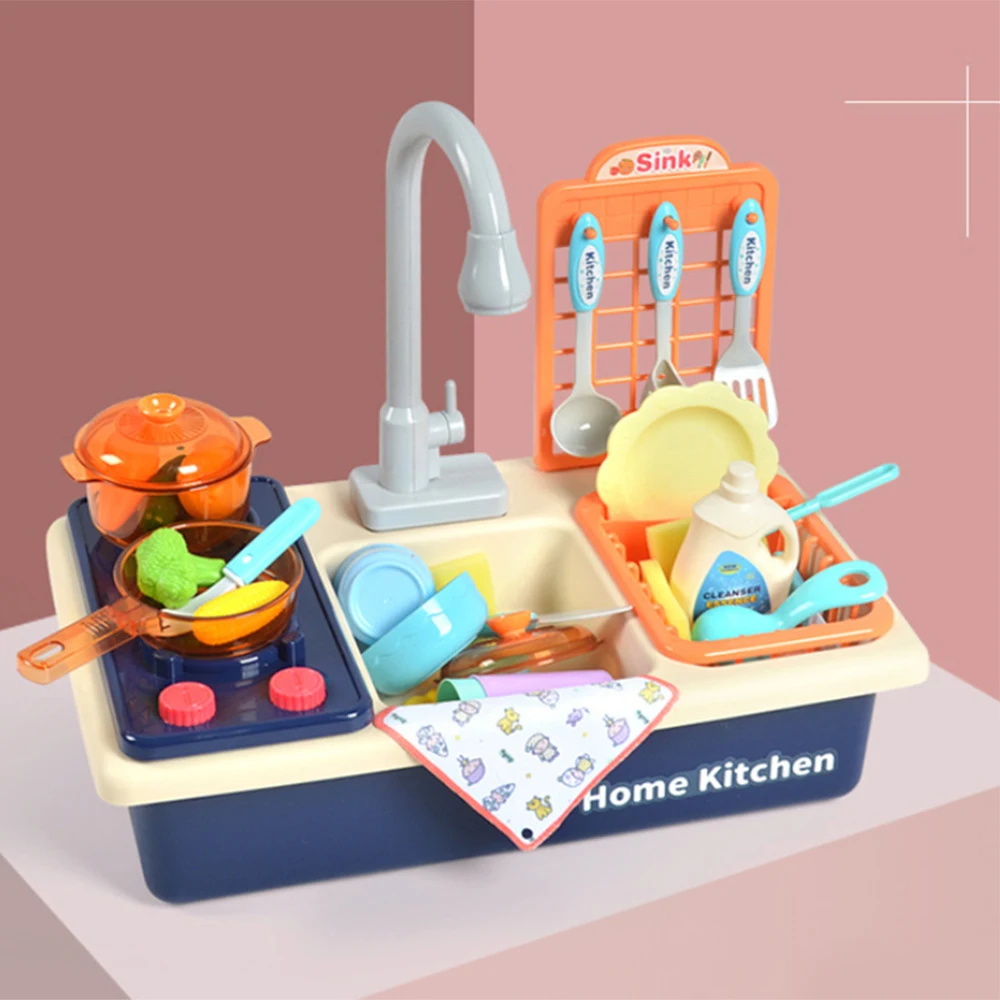 Pretend Role Play Kitchen Sink Toys Dishwasher Playing Toy with Running Water Automatic Faucets Play House Toys for Kids Gifts