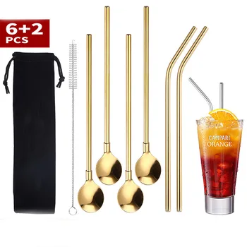 

Reusable Straw Glass Straw 6pcs Metal Colorful Straw with Cleaner Brush Bar Trendy Home Cutlery Set Straw Covers