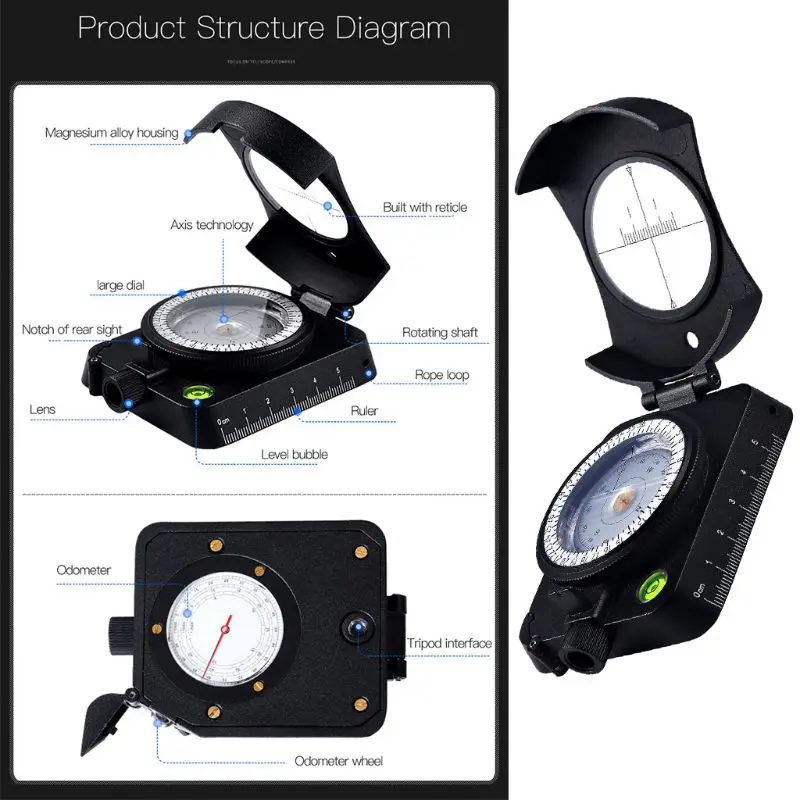 LED luminous black compass flip instrument map pulley measuring for Map ranging azimuth night illumination A6HC