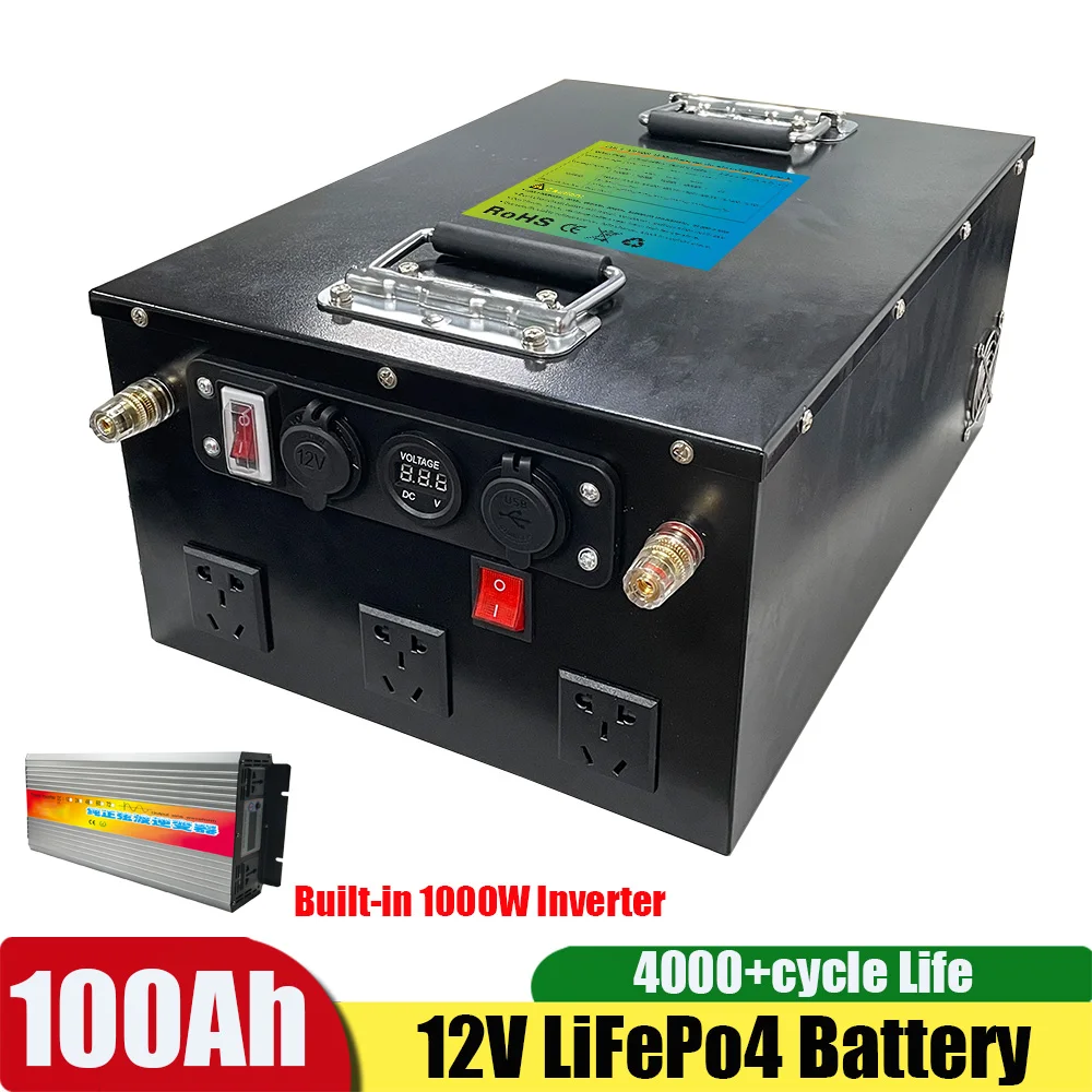 Batteria Ricaricabile 12V 100Ah Lifepo4 Batteria 12V 500W Nominale 1000W Picco Inverter Batteria Ricaricabile Per Campeggio Esterno