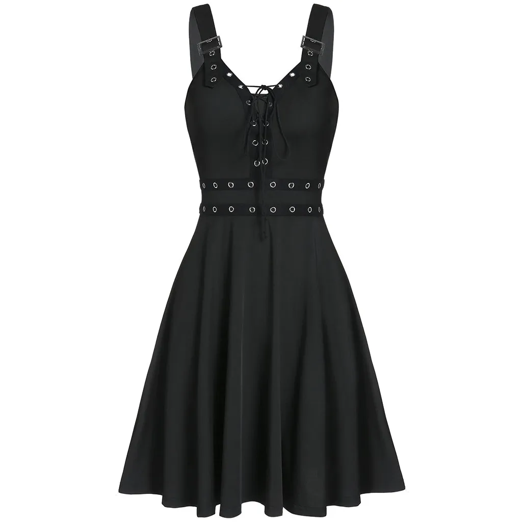Plus Size Cool Solid Bandage Irregular Hem Sleeveless Camisole Mini Dress Gothic Punk Style Strap Black Vestido | Женская одежда
