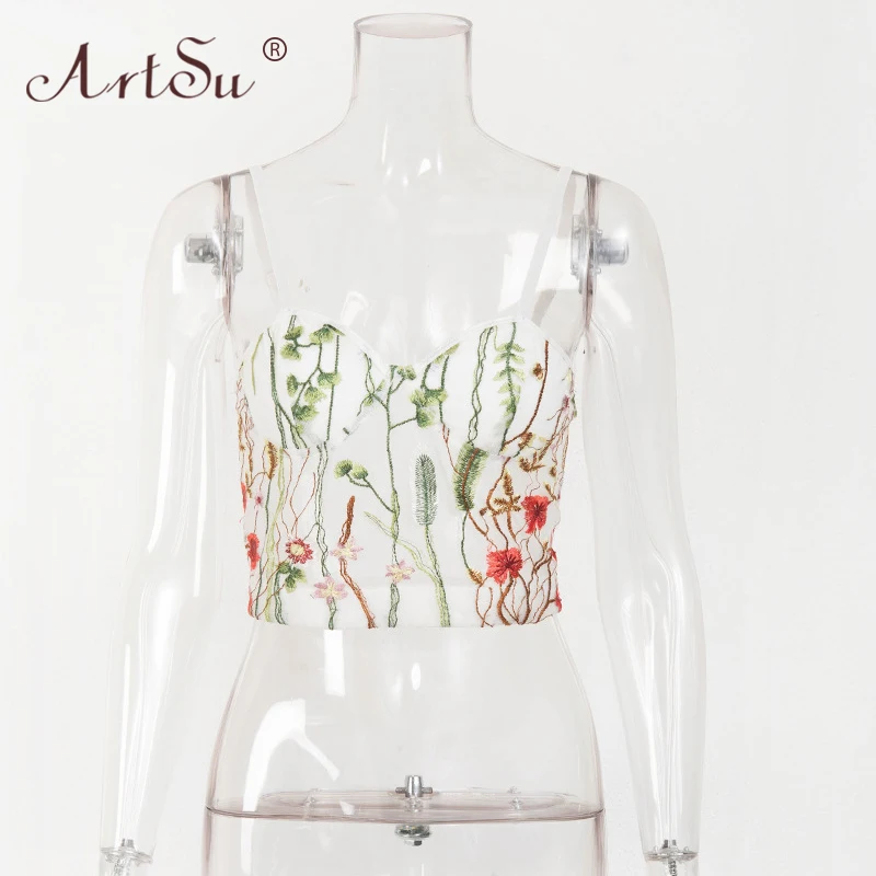 ArtSu Women Sexy Hollow Out Floral Embroidery Summer Boho Shirt V-Neck White Crop Top See Through Mesh Tank Top Club
