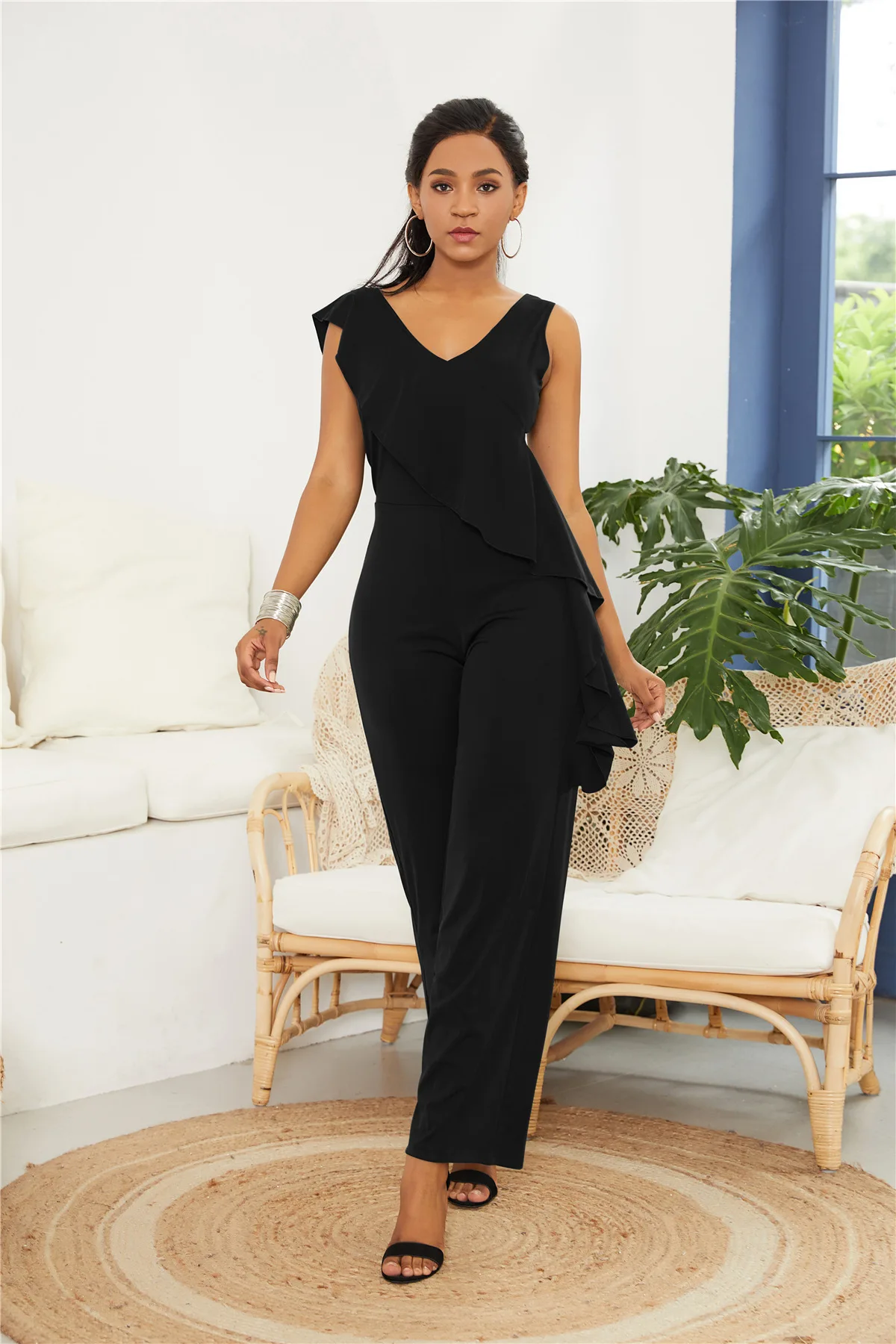 Женский комбинезон с оборками без рукавов высокая вязка летний Повседневный