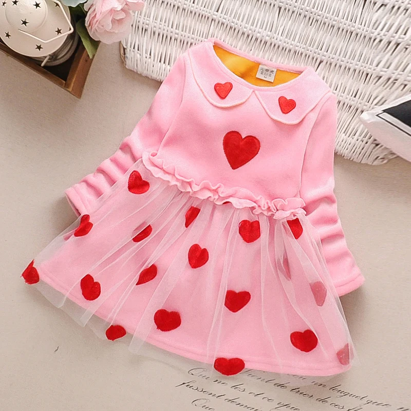 2 3 4 5 6 7 8 Years Children Kids Girls Autumn Winter Velvet Dresses Red Love Kids Tutu Mesh Dress Long Sleeve Princess Dresses - Color: pink