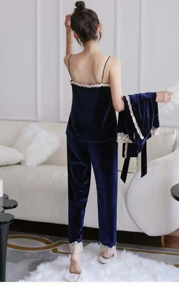 Высокое качество одежда осень зима Фланелевые кружевные пижамы loungewear Женский комплект из 3 предметов