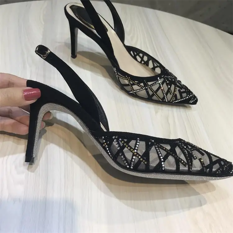 

Pointed Toe Woman Stiletto Women Shoes High Thin Heel Sexy Lace Bling Crystal Embellished Wedding Party Nightclub Shoes Dress