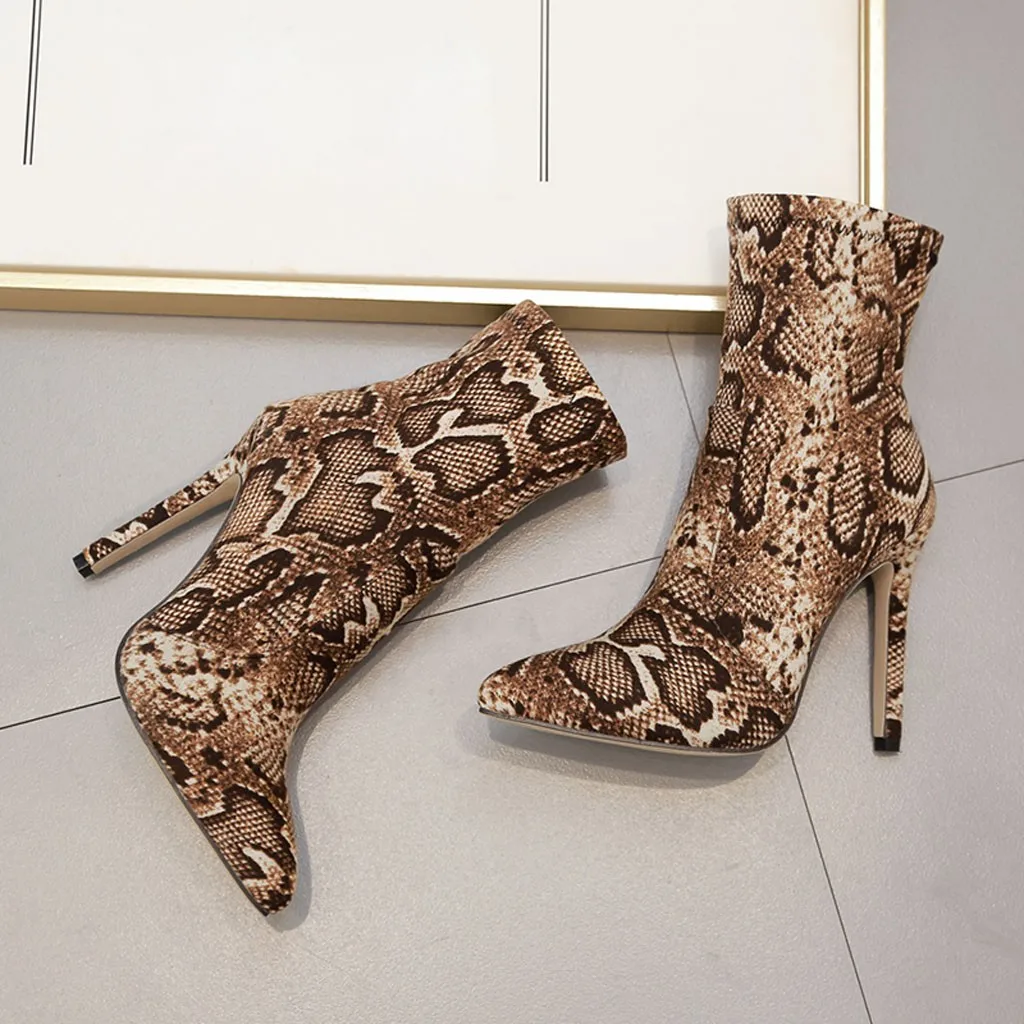 35#Stiletto pattern Boots Women Autumn Winter Boots Serpent Sexy Nightclub Boots Short Boots Women Shoes Thin Heel Boots