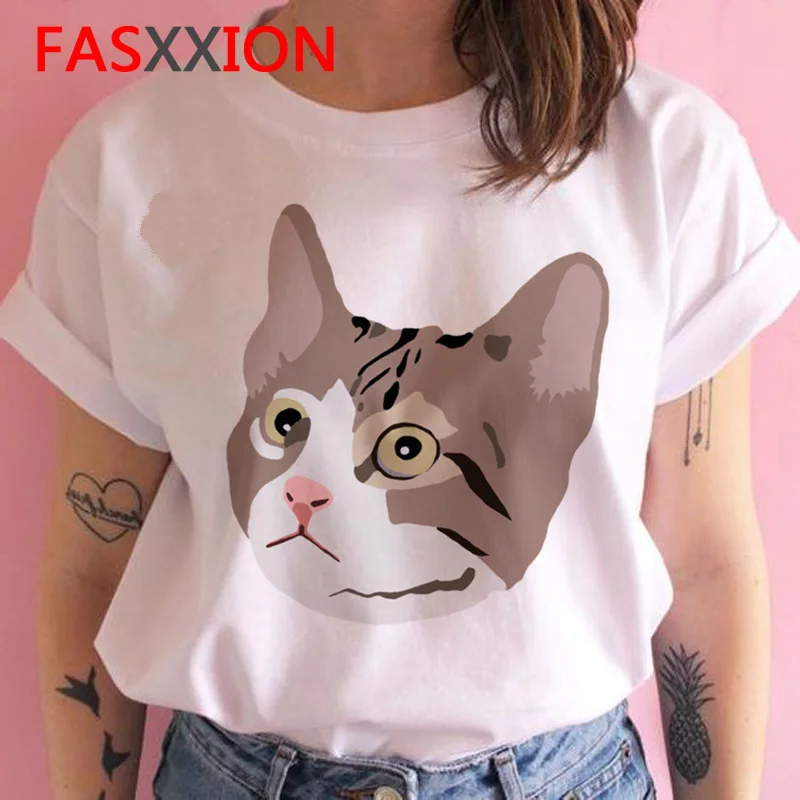 Футболка с котом Женская забавная harajuku kawaii Grunge футболка ulzzang Эстетическая Повседневная Женская одежда футболка Летняя с коротким рукавом