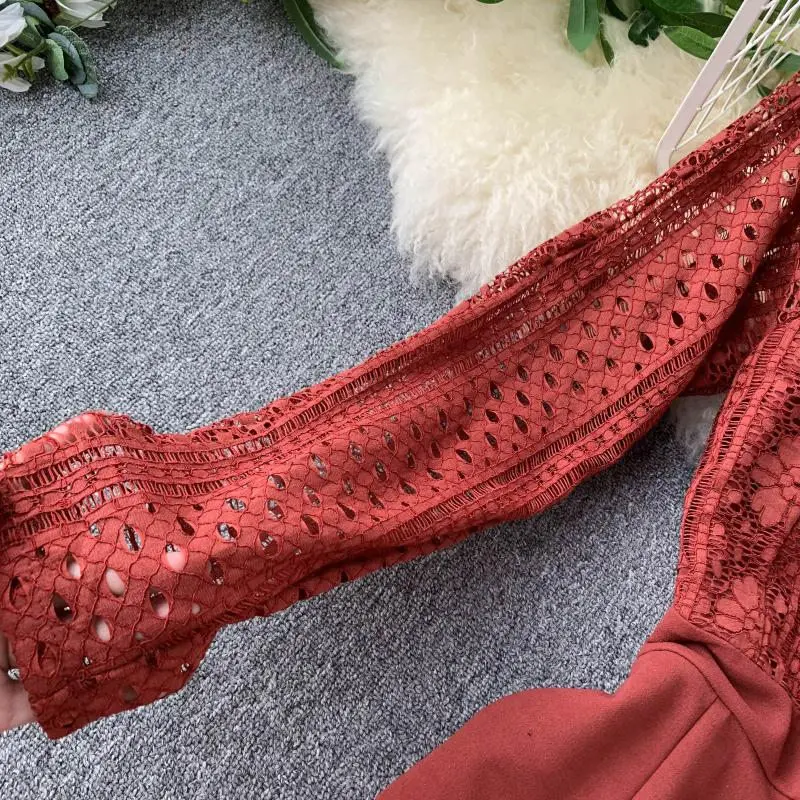 LUOSHA женские осенние открытые кружевные элегантные офисные платья широкие брюки с длинными рукавами комбинезон с поясом женский комбинезон