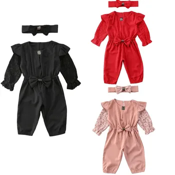 

Summer Fashion Toddler Baby Girls Rompers Headband Lace Ruffles Long Sleeve Floral Jumpsuit Baby Girls Sweet Overalls Clothes