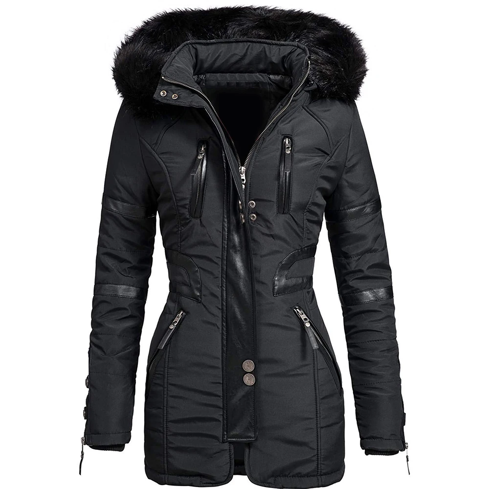 Зимняя женская куртка с капюшоном и пальто, женские тонкие парки на молнии с меховым капюшоном, Толстая теплая ветрозащитная женская верхняя одежда черного цвета D40 - Цвет: Черный