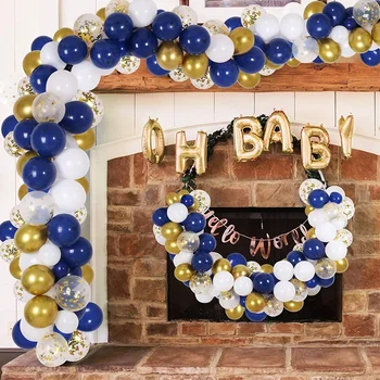 

128 Pcs Balloon Arch Garland Kit 12 Inch Navy Pearl White Latex Balloons with Gold Confetti Balloons Metallic Sea Blue Latex Bal