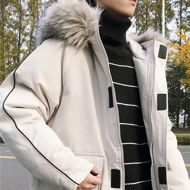 Winter Coat Men Warm Thick Fashion Parka Men Solid Color Casual Fur Collar Hooded Coat Man Wild Cotton Tooling Jacket Male