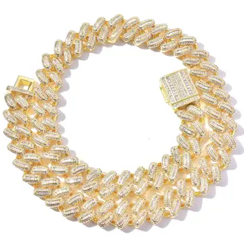 

Hip Hop 15MM Baguette Box Buckle Cuban Heavy Copper Prong Setting AAA+ Cubic Zirconia Stones Necklace Chain For Men Jewelry