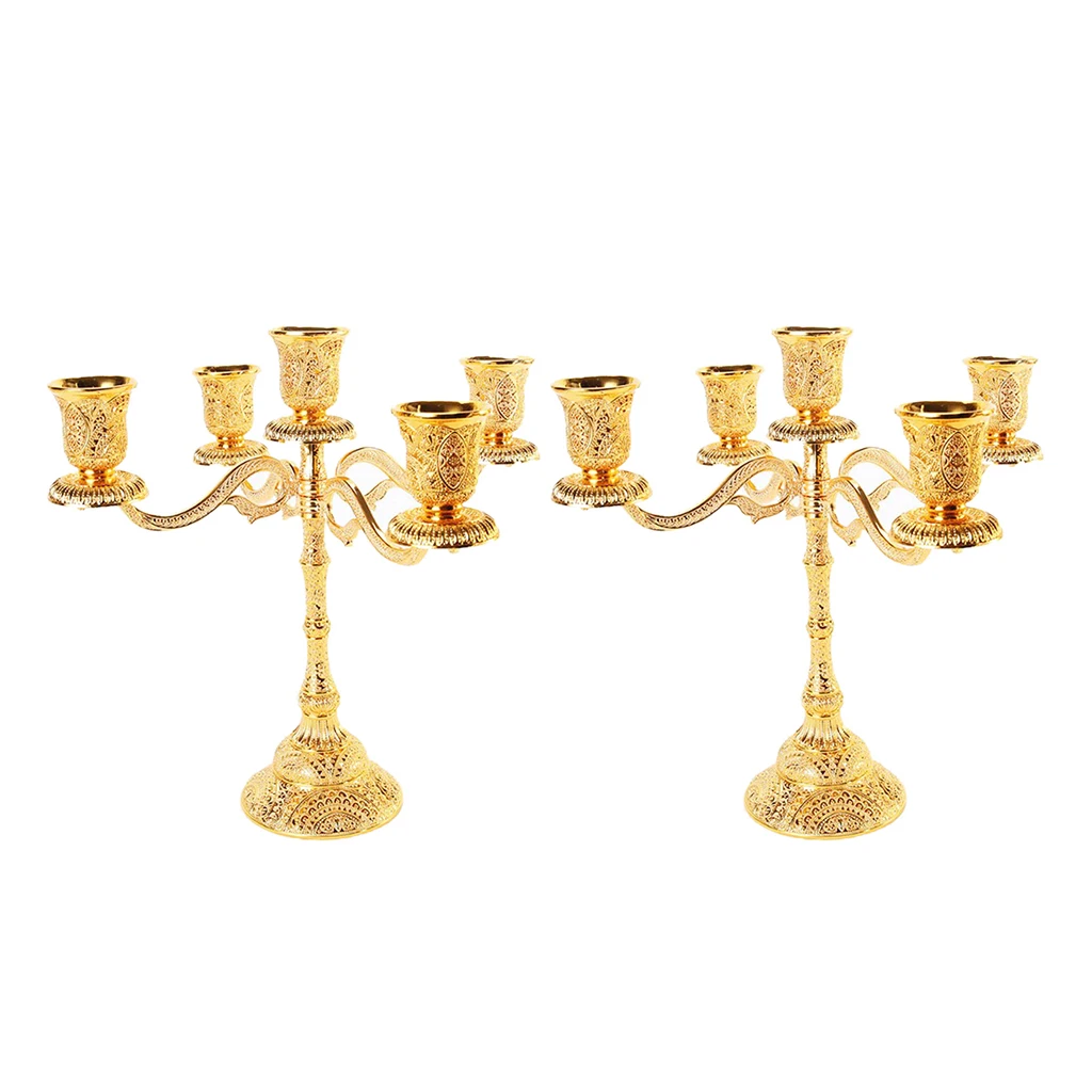 2pcs Luxurious Gold Color Candelabra Candle Holder, 5 Arms Gift for Weddings, Home, Party, Spa, Votive Candle Garden
