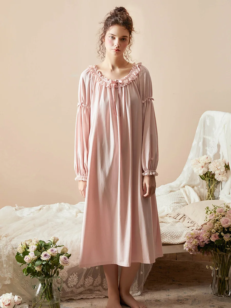 Hanxiuju Royal Vintage Long Nightgowns For Women Long Sleeve Solid Color Elegant Delicate
