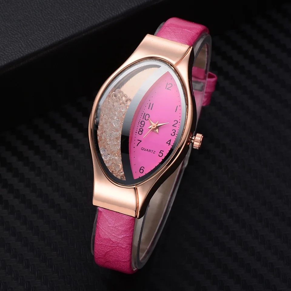 Women Fashion Luxury Watch Leather Strap Women Bracelet Clock Ellipse Rhinestone PU Sport Quartz Watch Wrist Watches For Women