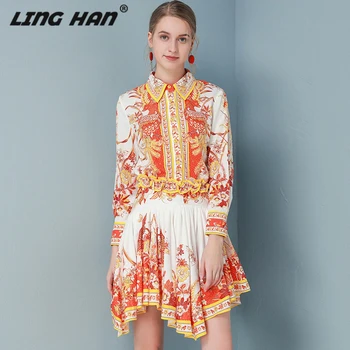 

LINGHAN Designer Women Two-piece set Spring Summer Flower Print Long Sleeve Blouse Top + Irregular Skirt Fashion Lady Suit