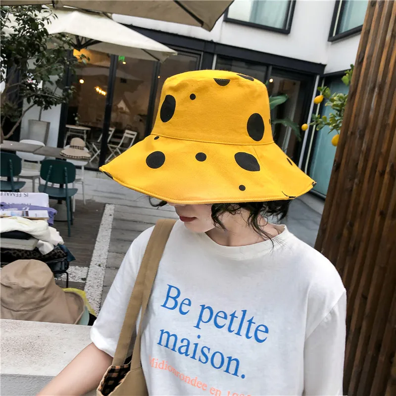 Sun Hat Women Summer Foldable Bucket Hat Harajuku Large Brim Dot Printed Beach Sun Hat Japanese Style Yellow Black Khaki Beige   (30)