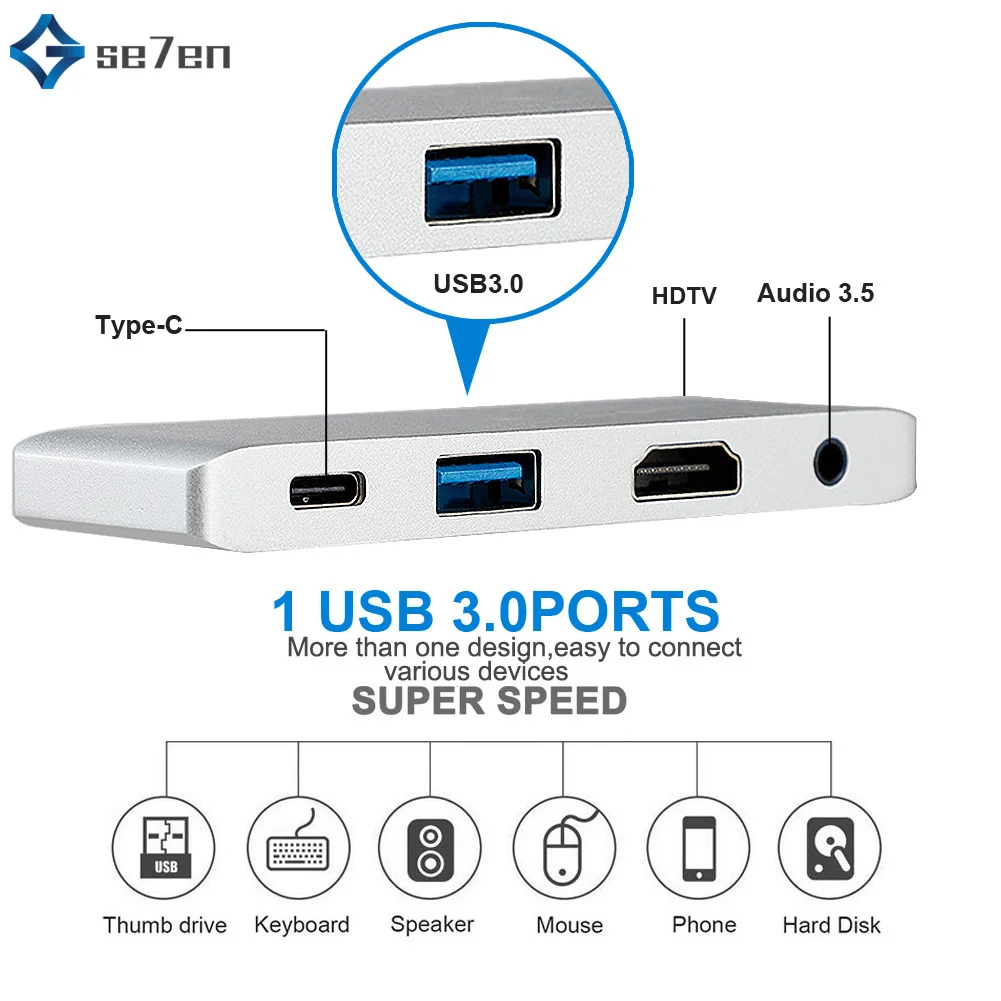 Концентратор usb type C адаптер для HDMI USB type C док-станция для MacBook Pro с USB-C 4K HDMI кардридер usb 3,0 и 3,5 мм разъем для наушников