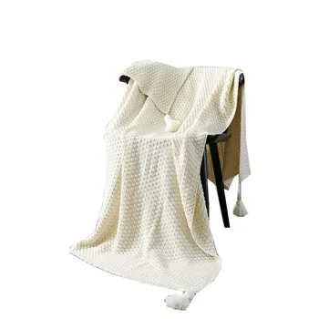 

Cotton Knitted Blanket Throw Thicken Warm Breathable with Tassel White for Winter 130*170cm