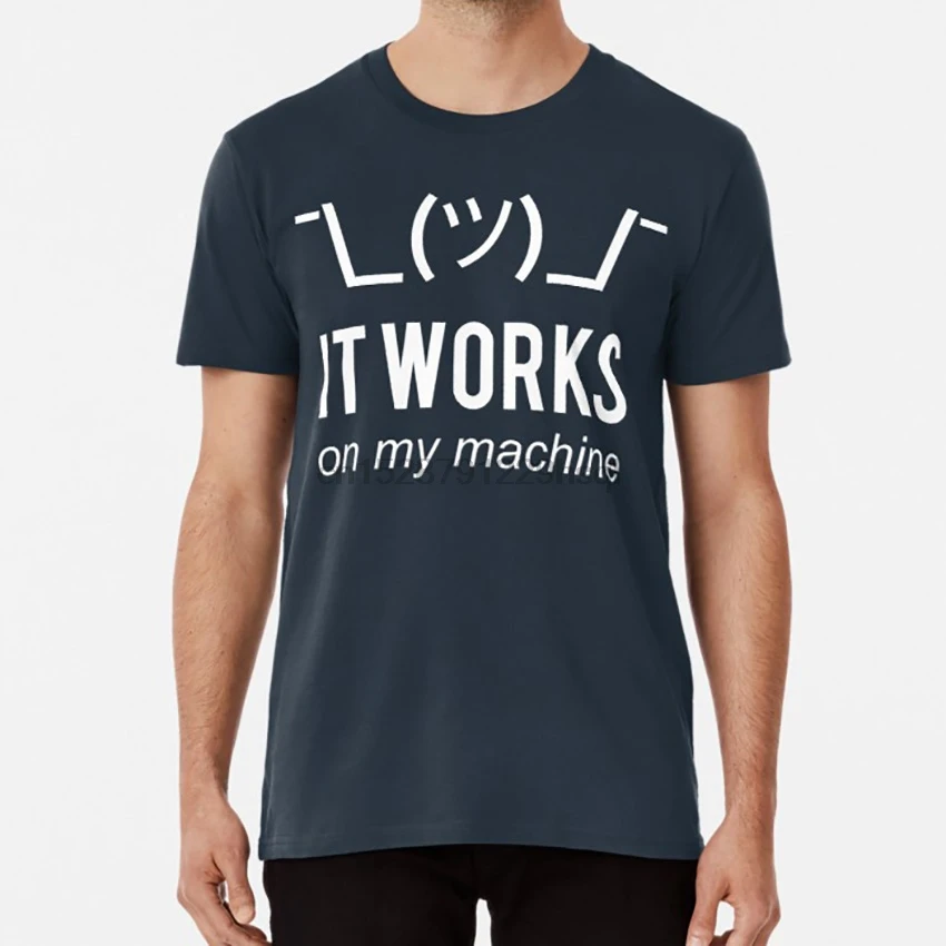 It works on my machine - Programmer Excuse White Text Design T shirt shrug excuse bug unicode emoticon programmer |
