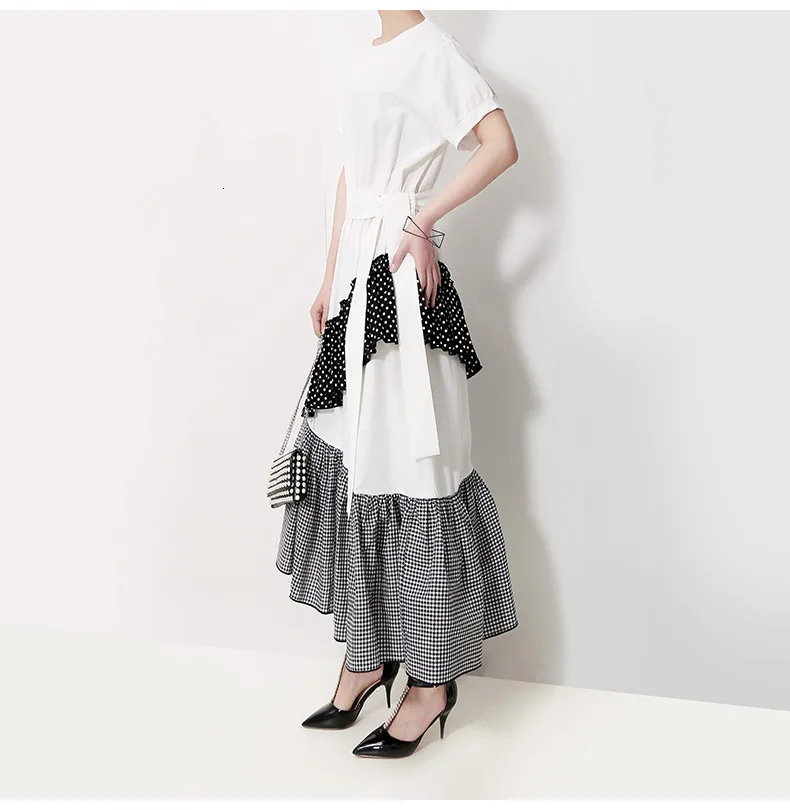 [EAM] New Spring Summer Round Neck Short Sleeve Hem Dot Irregular Plaid Printed Loose Dress Women Fashion Tide JT0880