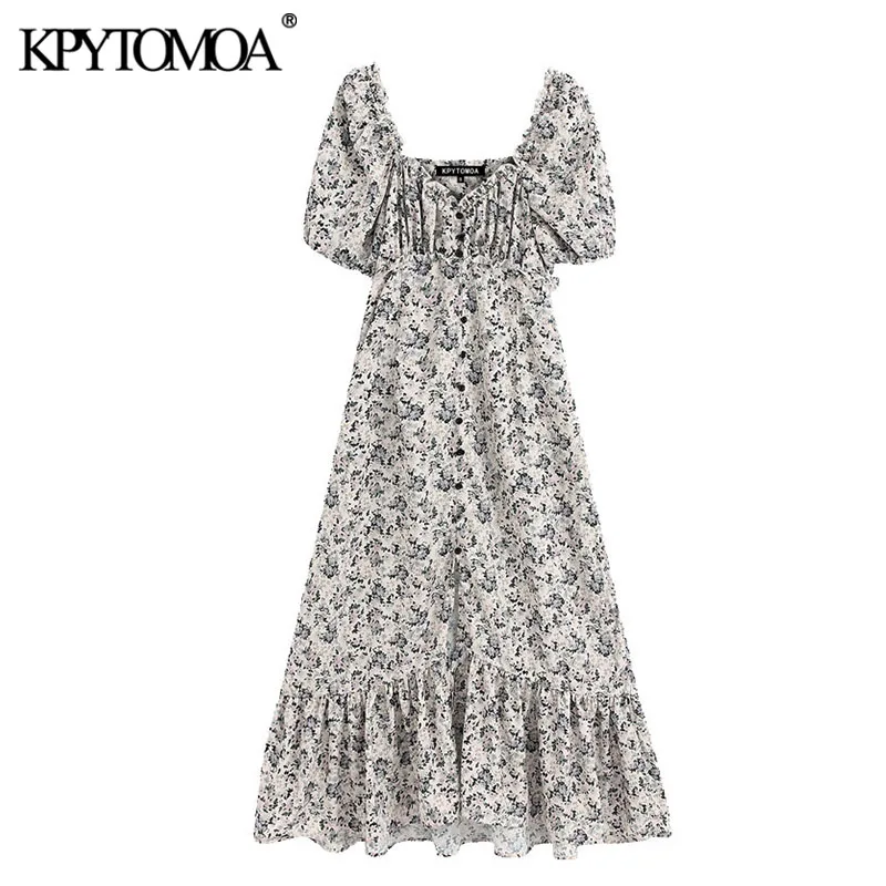 KPYTOMOA Women 2020 Chic Fashion Floral Print Ruffled Midi Dress Vintage V Neck Puff Sleeve Buttons Slit Female Dresses Vestidos