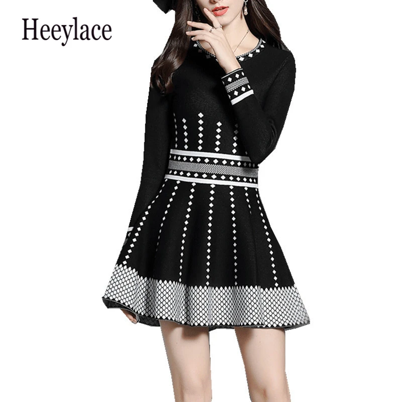 

2019 autumn winter sexy long sleeve striped pattern fit and flare vintage dress women elegant slim knit dress party vestidos