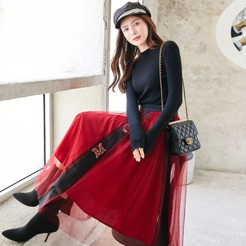 

High Quality New Autumn Sweater Suit Long Sleeve Elastic Knitted Tops + Long Mesh Skirt 2 Piece Set OL Work Office Party Wear
