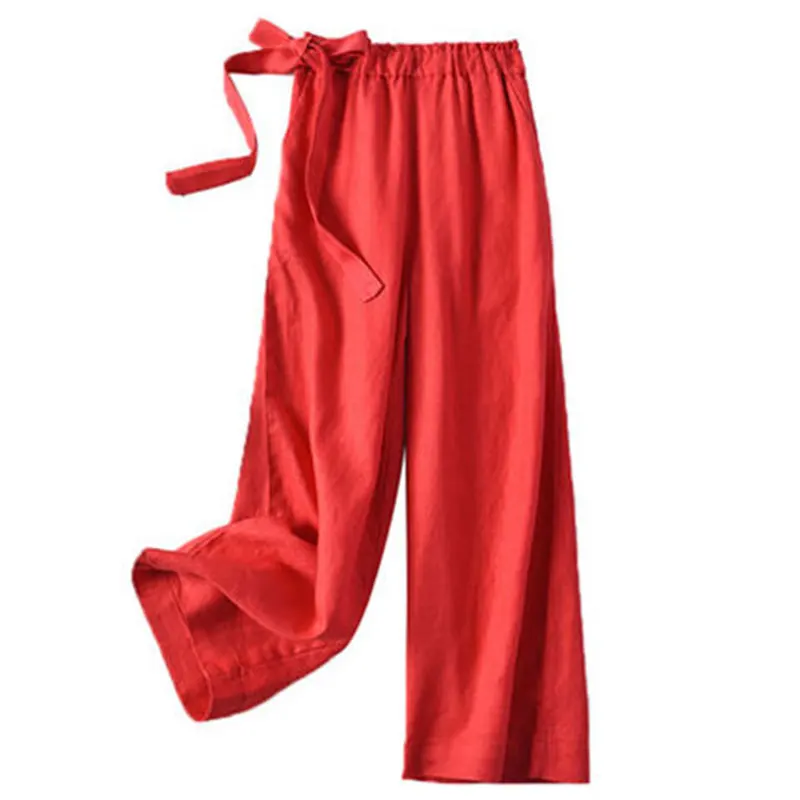 

New Arrival Summer Women Wide Leg Pants Plus Size all-matched Casual Straight Loose Pants lacing Bow cotton linen Pants D159