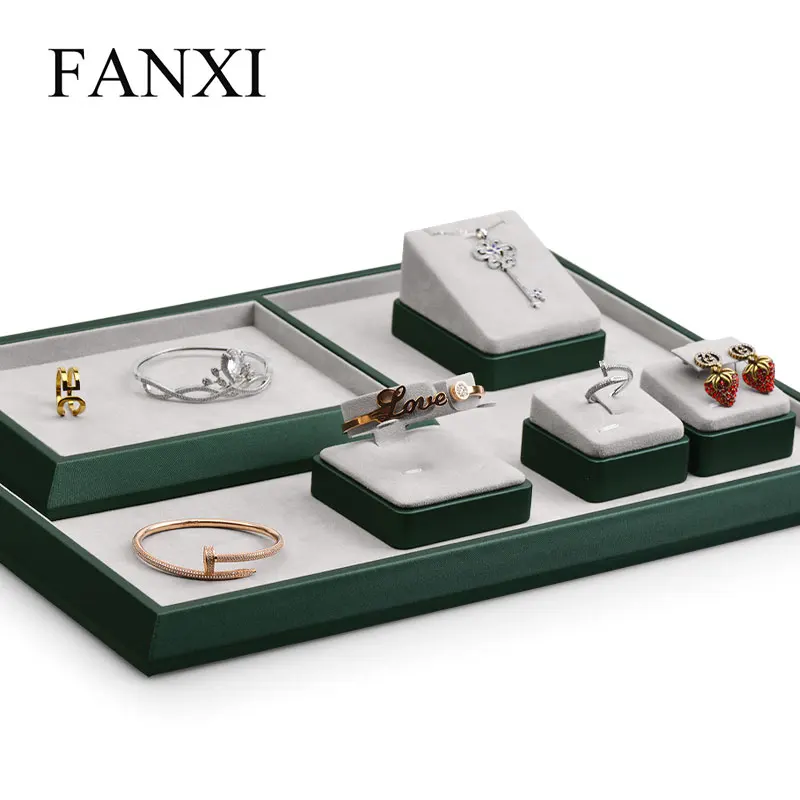 

Oirlv Jewelry Display Stand PU Leather Dark green Ring Display Holder Set Necklace Bracelet Organzier Rack Jewelry Display Tray