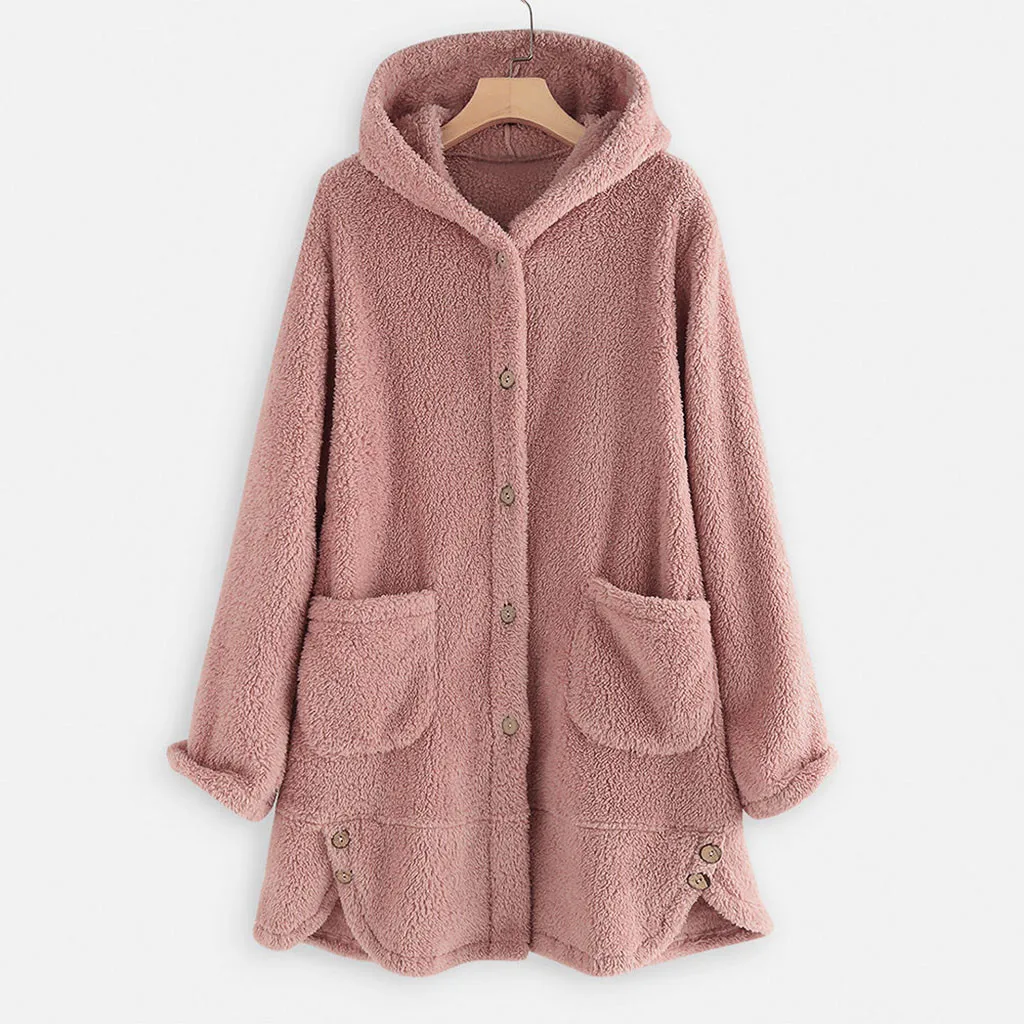 Winter Fashion Women Coat Button Fluffy Tail Tops Hooded Pullover Loose Sweater Oversize Coats Warm Outwear For Female#J30