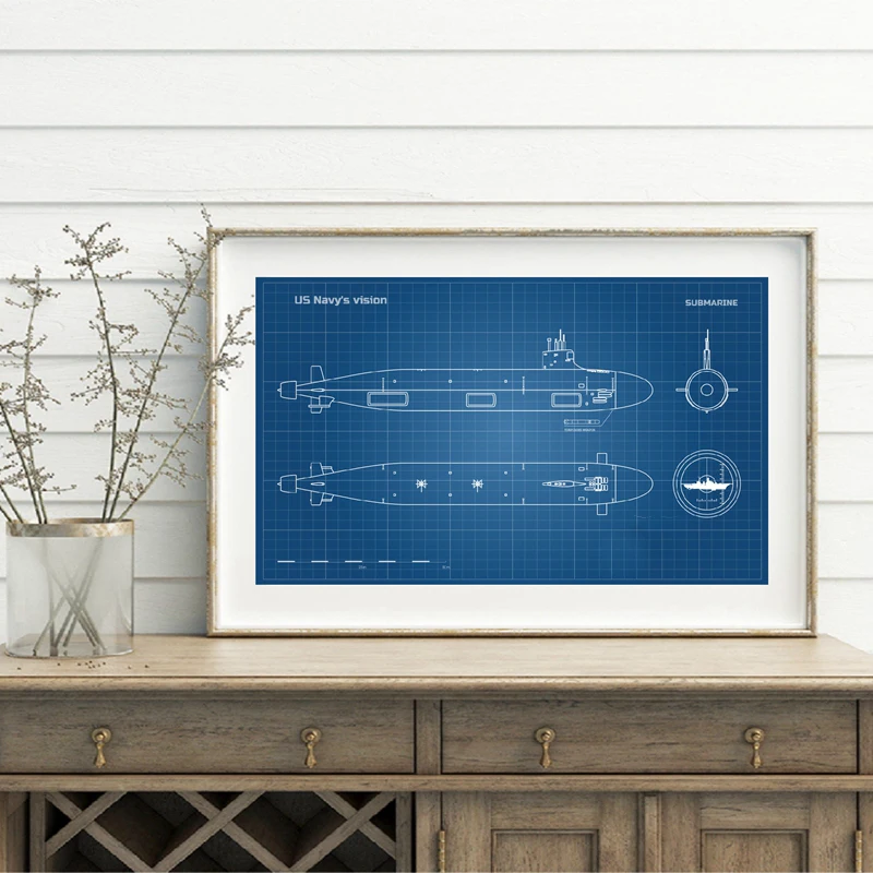 

Submarine Blueprint Print Military Ship Battleship Model Industrial Drawing Poster Art Canvas Painting Picture Decor Boys Gift
