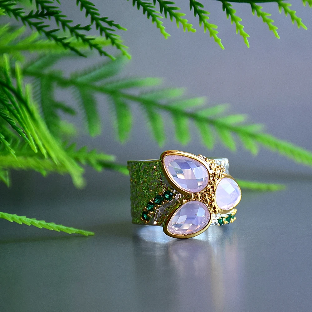 DreamCarnival 1989 Top Selling Tri-Zircon Ring Silver& Gold Color with Pink Zirconia Rough Surface Unique Chic Jewelry WA11736
