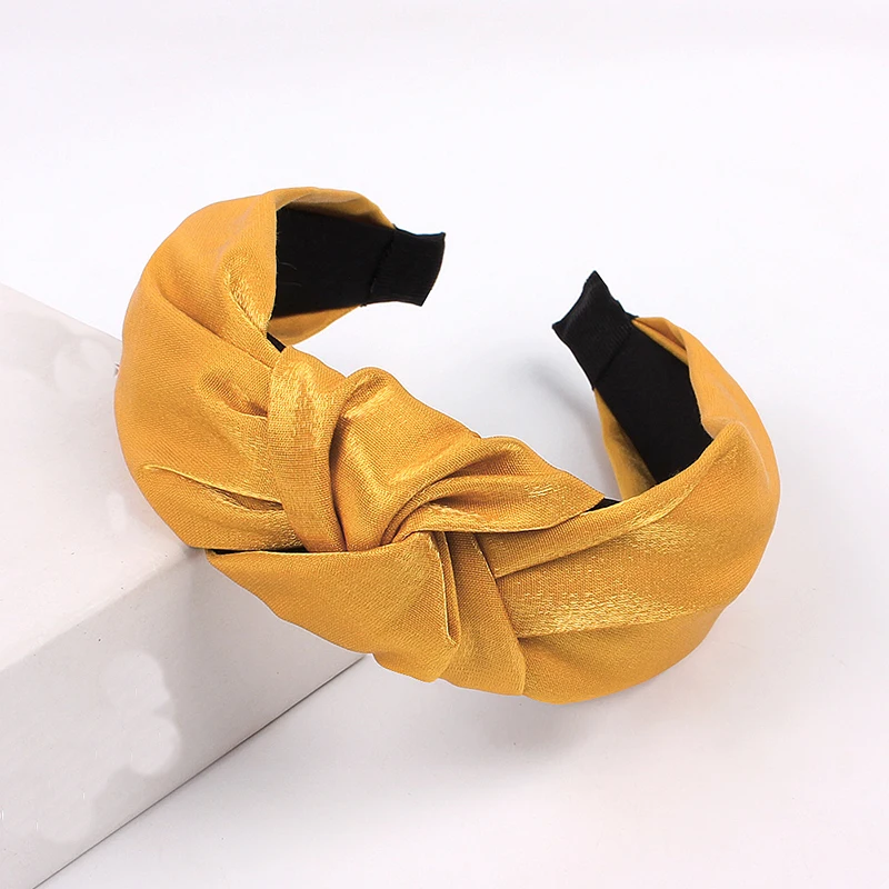 dark yellow 1Pcs Bright Color Satin Cross Knotted Wide Headband For Women Korean Soft Hairband Head Hoop Turban Girls Cute Hair Accessories - Color: dark yellow